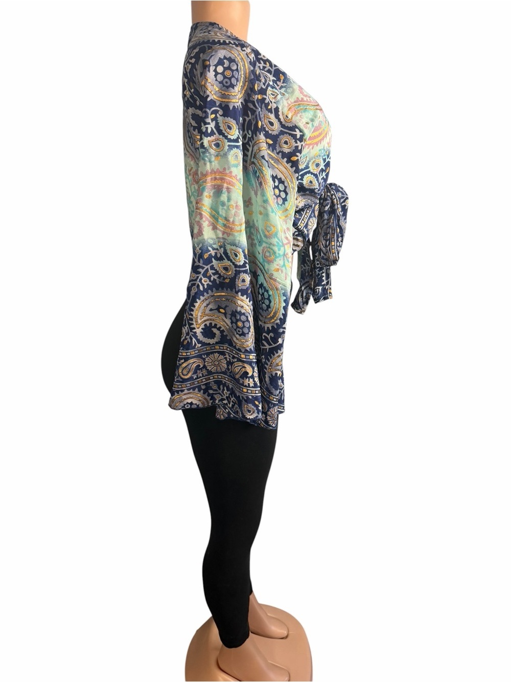 Tie Front Paisley Print Silk Blend Crop Top Blue Multi Belle Sleeves - Picture 6 of 10